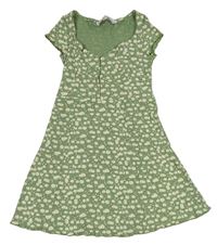 Zeleno-bílé květované žebrované šaty Bershka