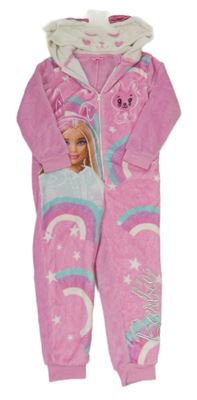 Růžová plyšová kombinéza s Barbie a kapucí 