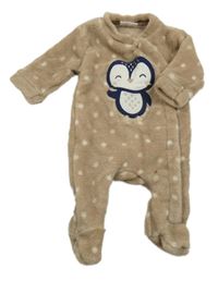 Hnědý puntíkatý plyšový overal s tučňákem 