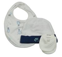 3 set - bílo-modrá čepice s logem - Nike + bavlněné rukavice + bryndák s balóny 