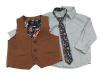3 set - šedá vzorovaná košile + hnědá vesta + kravata Next