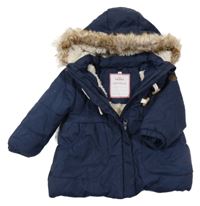 Tmavomodrá šusťáková zimní parka s kapucí s kožešinou Topomini