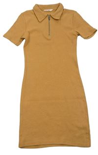 Hnědé žebrované elastické košilové šaty se zipem Matalan
