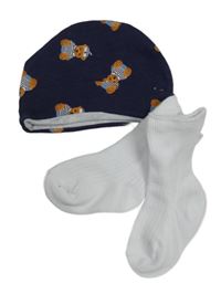2set - Modrá čepice s medvídky + bílé ponožky 