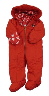 Červená šusťáková zimní kombinéza s Minnie a kapucí s kožešinou George