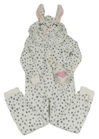 Bílo-šedá puntíkatá plyšová kombinéza s králíkem a kapucí s čumákem zn. H&M