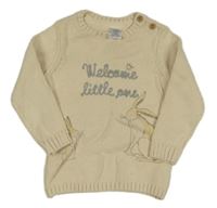 Béžový svetr s králíčky a nápisem 