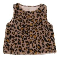 Růžovo-okrovo-černá kožešinová podšitá vesta s leopardím vzorem 
