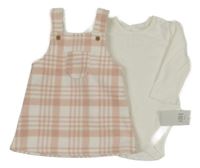 Nové - 2set - Bílé žebrované body + bílo-růžové kostkované fleecové laclové šaty George