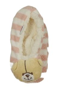Nové - Bílo-růžové pruhované plyšové zateplené bačkory s medvídky 