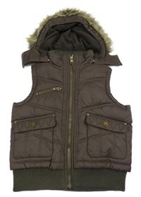 Hnědá šusťáková zateplená vesta s kapucí s kožešinou C&A