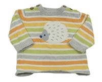 Šedo-bílo-zeleno-oranžový pruhovaný svetr s ježkem