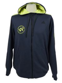 Pánská tmavomodrá propínací mikina s limetkovými pruhy a kapucí Adidas 