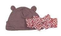 2set- fialová bavlněná čepice s oušky+ bílo-růžová čelenka s mašlí