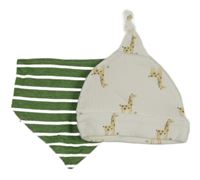 2set- bílá čepice se žirafami+ zelený pruhovaný slinták