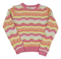 Růžovo-zeleno-žlutý pruhovaný děrovaný svetr Primark