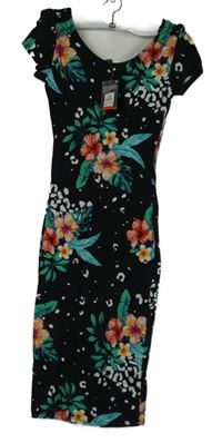 Nové - Dámské černé elastické šaty s květy Primark vel. 32