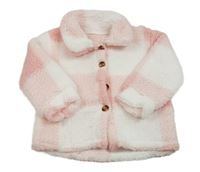 Světlerůžovo-bílá kostkovaná huňatá košilová bunda