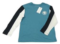 Nové - Modré triko s potiskem a černo-bílými rukávy Primark