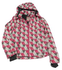 Růžovo-bílo-šedá vzorovaná softshellová bunda s kapucí 