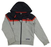 Tmavomodro-červeno-šedá propínací mikina s nápisem a kapucí 