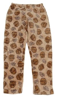 Starorůžové chlupaté pyžamové kalhoty s medem a nápisy