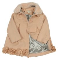 Lososoový flaušový podšitý kabát s kožešinou a květy Monsoon