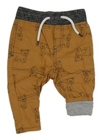 Skořicové plátěné podšité kalhoty s medvídky a úpletovým pasem Dopodopo