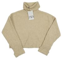 Nové - Béžový žebrovaný pletený crop rolák Zara