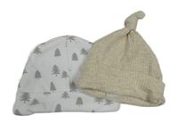 2x - Béžová žebrovaná + bílá čepice se stromečky
