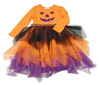 Kostým - Oranžovo-čeno-fialové bavlněno/tylové šaty - dýně Primark