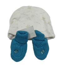 Nové - 2set - Bílá čepice s medvídky + modré pletené capáčky 