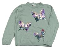 Světlemodrý svetr s motýlky z flitrů Primark 