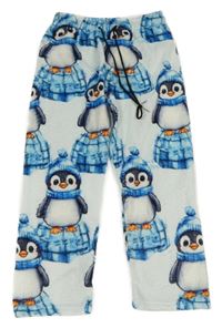 Bílé chlupaté domácí kalhoty s tučňáky 