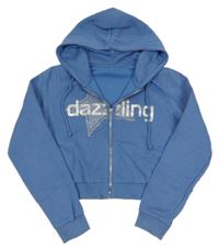 Modrá riflová propínací crop mikina s kamínky a kapucí 