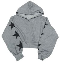 Šedá melírovaná propínací crop mikina s hvězdami a kapucí 