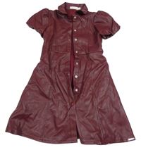 Vínové koženkové propínací šaty s balonovými rukávy C&A