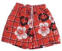 Červené plážové kraťasy s květy a proužky 