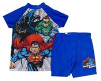 2Set - Světlešedo-safírové UV tričko s JUSTICE LEAGUE + nohavičkové plavky
