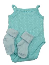 2Set - Pomněnkové puntíkaté košilkové body s mašličkou George + světlemodré žebrované ponožky