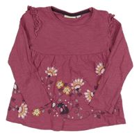 Vínové melírované triko s kytičkami a liškami a volánky Kids