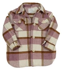 Starorůžovo-bílo-hnědá kostkovaná vlněná košilová bunda PRIMARK