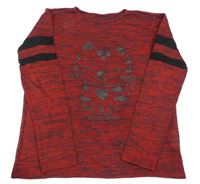 Červeno-černé melírované úpletové mikinotriko s kočičkou a pruhy