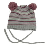 Šedo-vínovo-světlerůžová pruhovaná zavazovací čepice s bambulkami Ergee