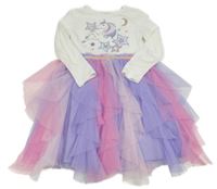 Bílé šaty s jednorožcem a hvězdičkami z flitrů a růžovo-modrofialovým tylem PRIMARK