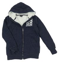 Tmavomodrá melírovaná propínací zateplená mikina s číslem a nápisy a kapucí Chapter young