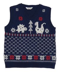 Tmavomodrá pletená vesta s dinosaury a vločkami a vzorem M&Co