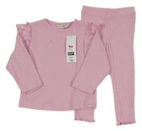 Nové - 2Set - Růžový úpletový svetr s volánky + kalhoty F&F
