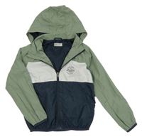 Khaki-bílo-tmavomodrá šusťáková jarní bunda s nápisy a odepínací kapucí H&M