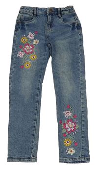Modré skinny rifle s výšivkami květů Kids